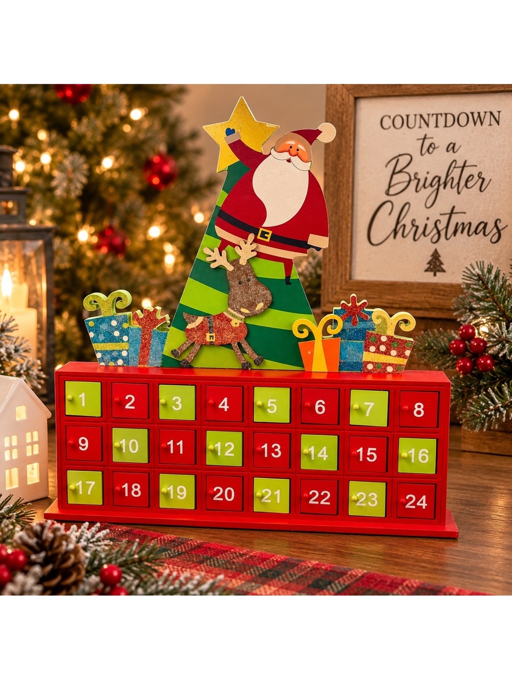 Wood Christmas Advent Calendar 24 Drawer Santa Reindeer Holiday Decor Reindeer